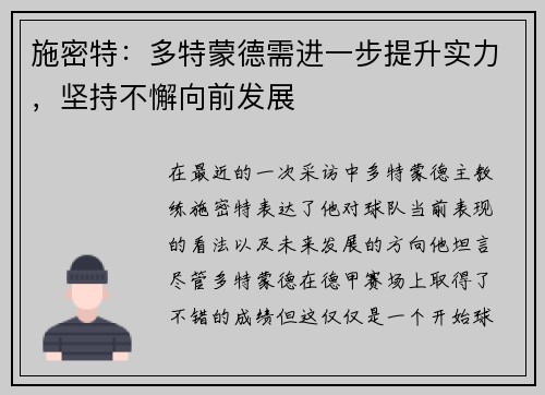 施密特：多特蒙德需进一步提升实力，坚持不懈向前发展