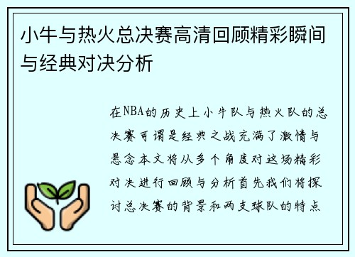 小牛与热火总决赛高清回顾精彩瞬间与经典对决分析