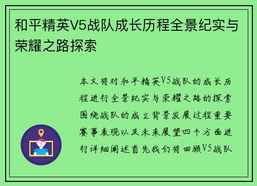 和平精英V5战队成长历程全景纪实与荣耀之路探索