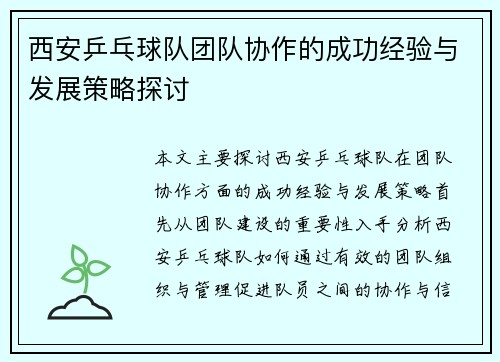 西安乒乓球队团队协作的成功经验与发展策略探讨