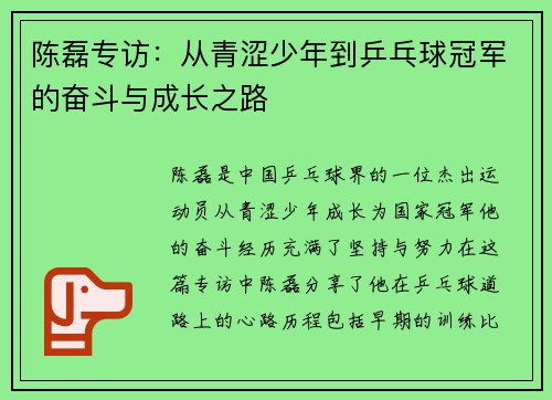 陈磊专访：从青涩少年到乒乓球冠军的奋斗与成长之路